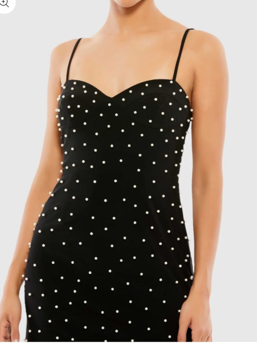 Mac Duggal Black Spaghetti Strap Mini Dress with Pearl Embellishments